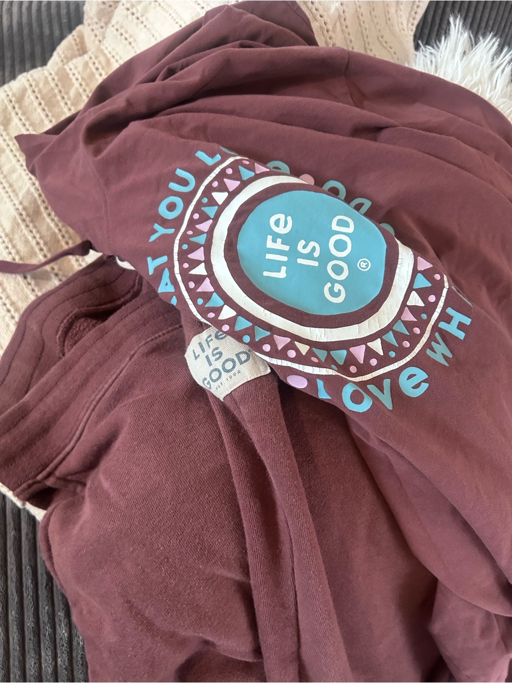 Life Is Good Maroon Graphic Lounge Shorts with Teal Accents